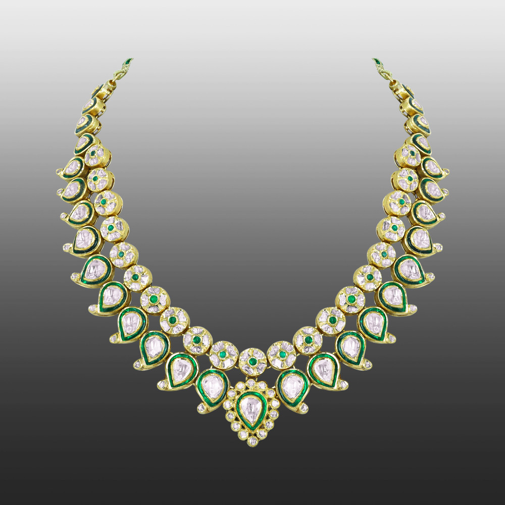 Green Enamel Polki Necklace with Bud Design